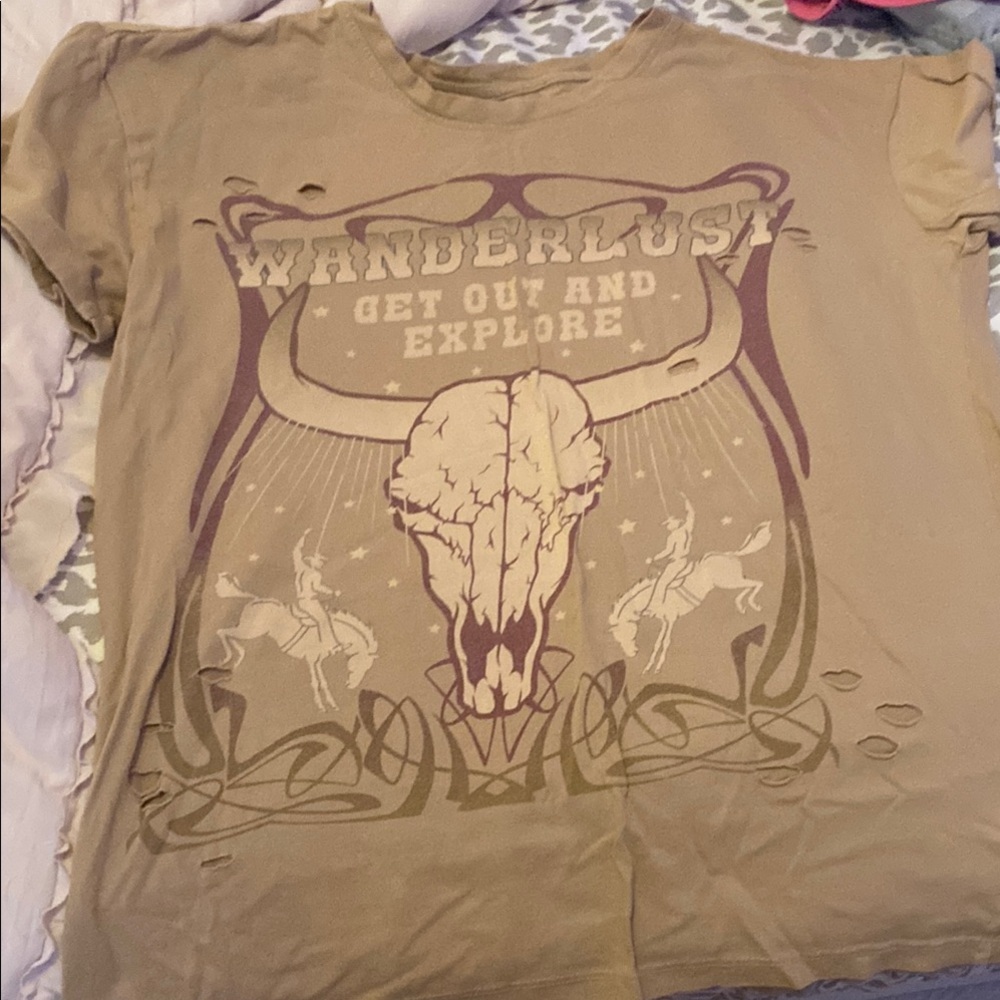Wanderlust Tan Short Sleeve Tee with Western Graphic